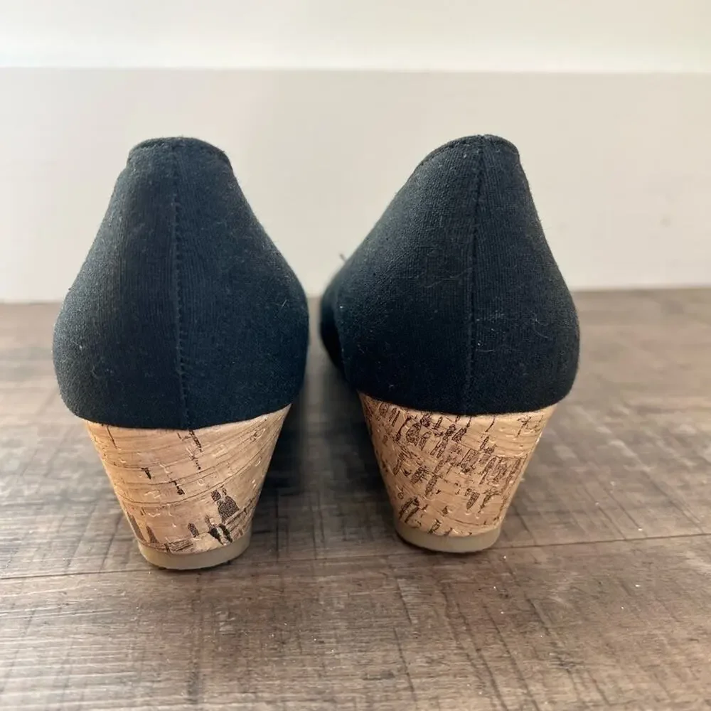 SEYCHELLES PEEP TOE BLACK CANVAS AND CORK WEDGES SIZE 8.5